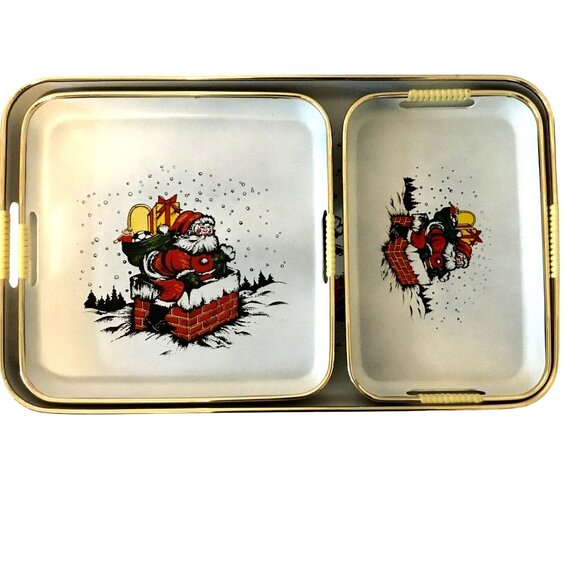 VTG APEX Santa Claus Chimney Trays Set 3pc Japan Lacquered Metal MCM Xmas Decor - Picture 9 of 12